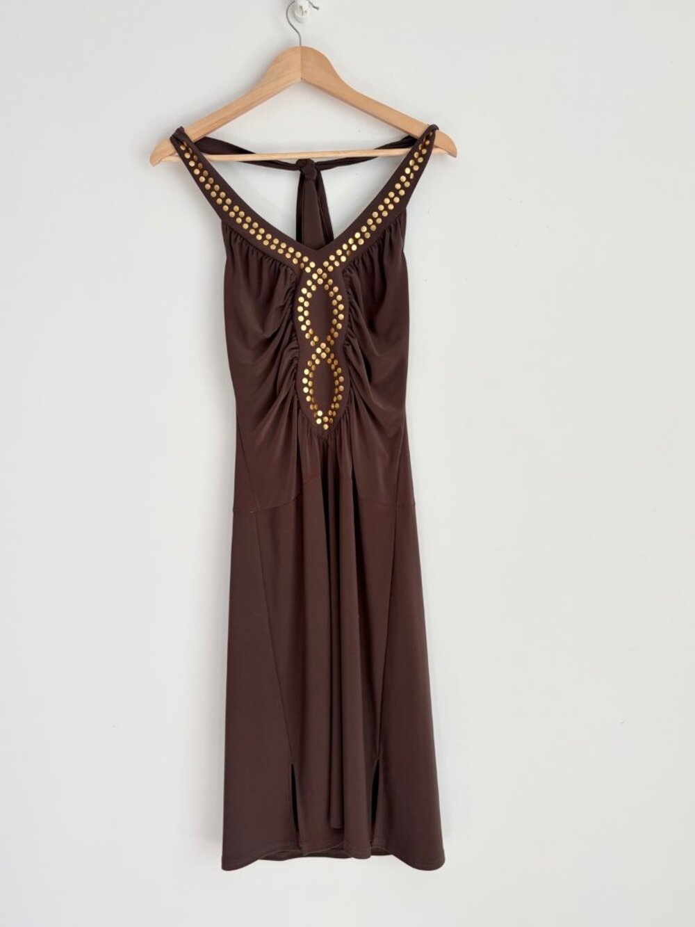 Joseph Ribkoff Brown Gold Studded Halter Dress Ruched Y2K Glam 6
